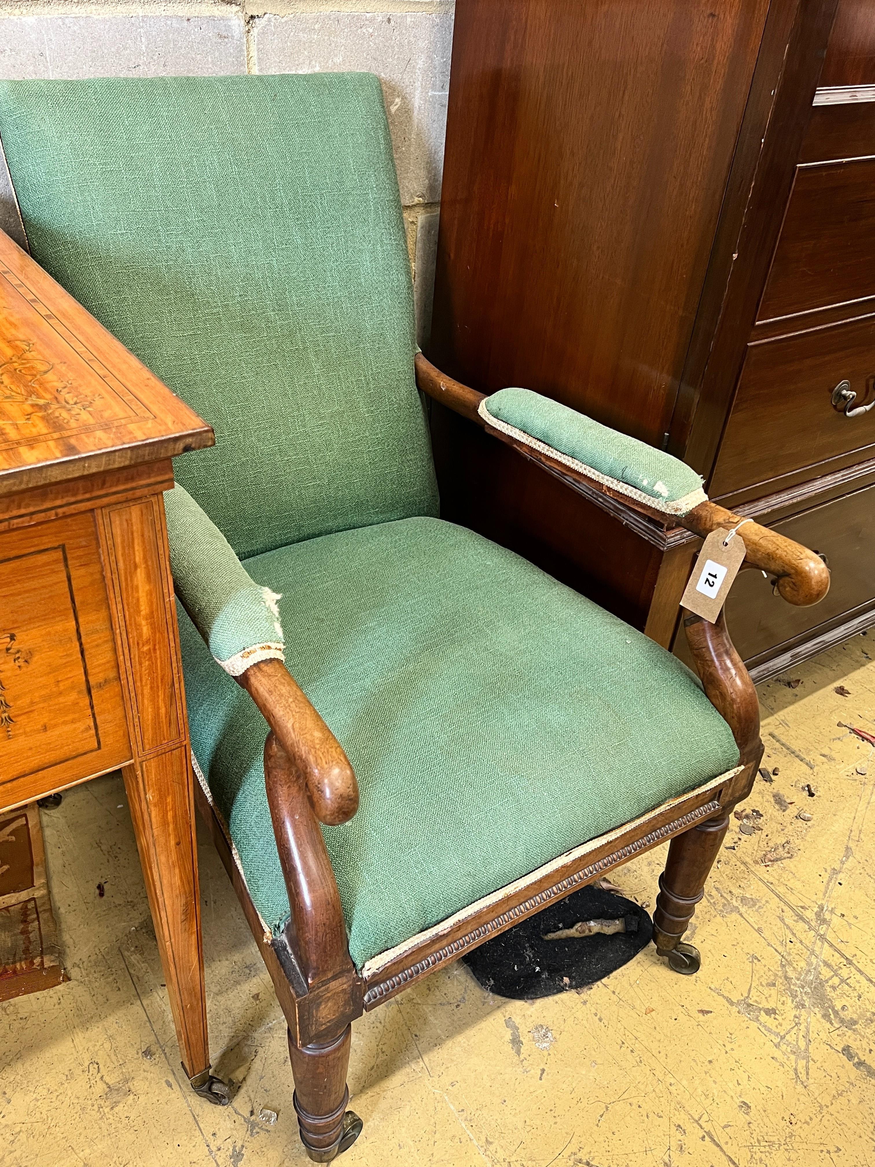 An early Victorian mahogany framed upholstered open armchair, width 52cm, depth 70cm, height 84cm